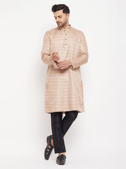 Vastramay Men's Beige Matka Silk Kurta and Black Pant Style Pyjama Set
